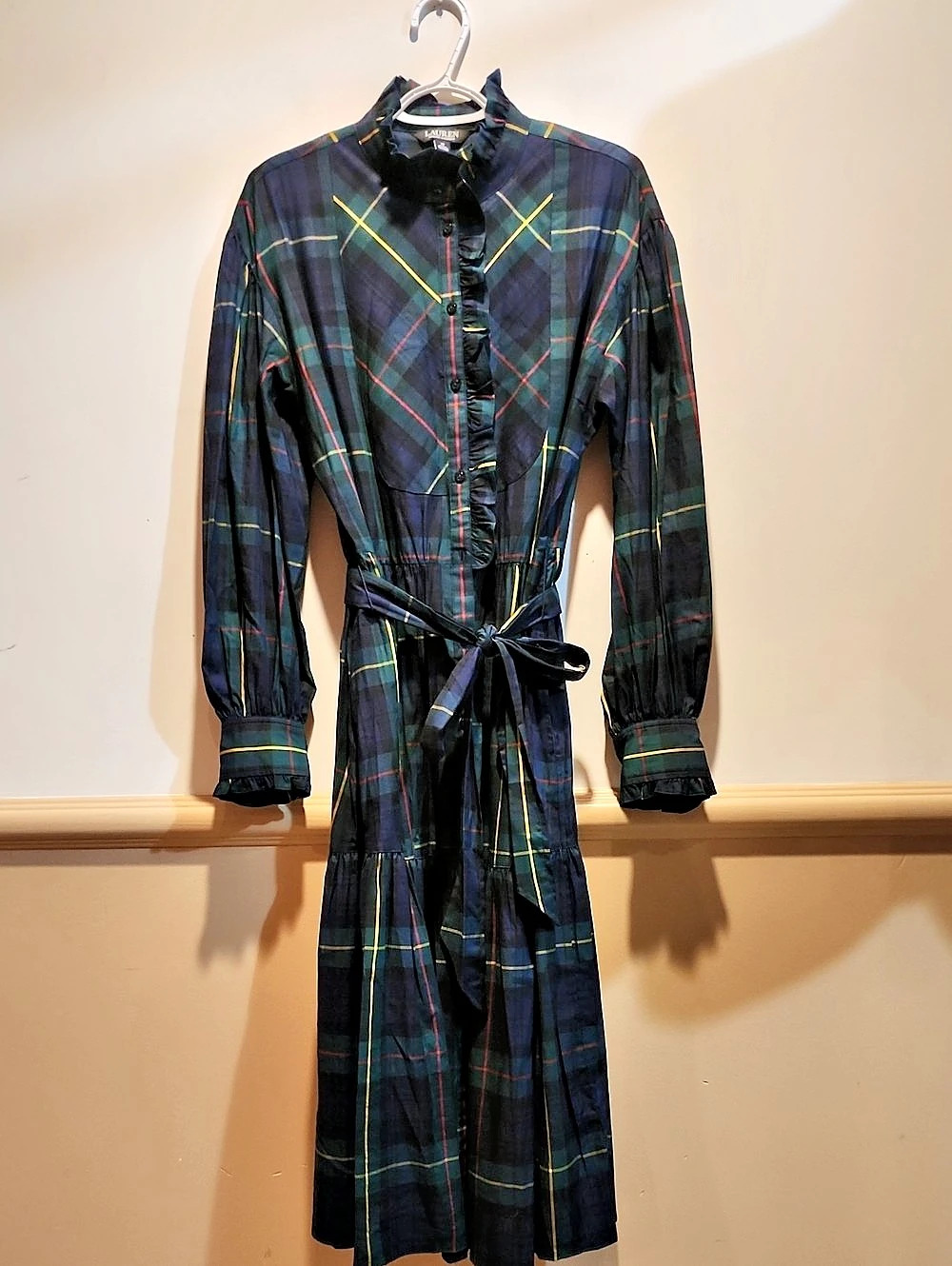 Lauren Ralph Lauren Plaid Ruffle-Trim Georgette Tiered Dress Blue & Green Size10
